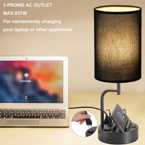 Dreamholder Table Lamp with 3 USB Charging Ports, Modern Desk Lamp with AC Outlet and Phone Stands, Perfect Bedside Lamp for Bedroom, Living Room, Office (Pack of 2), Black