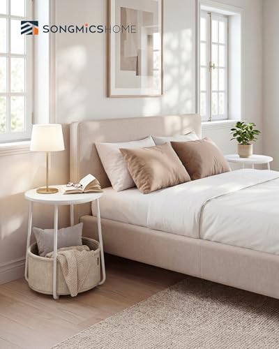 SONGMICS HOME Small Side Tables, Round End Tables, 2 Tier Nightstands with Basket, U Shaped Steel Legs, Easy Assembly, for Living Room, Bedroom, Set of 2, White and Brown