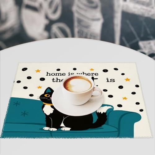 Home is Where The Cat is Washable Placemats Set of 4, Durable Heat Resistant Table Mats 17.7 X 11.8 Inch for Dining Table Kitchen Decor Indoor Use