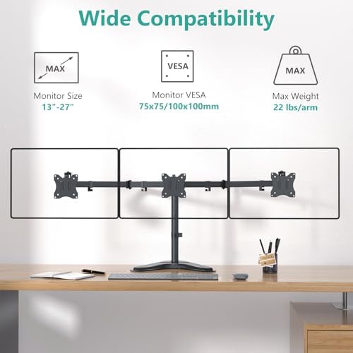 WALI Freestanding Triple Monitor Stand for 13-27 inch Screens，22lbs per Arm