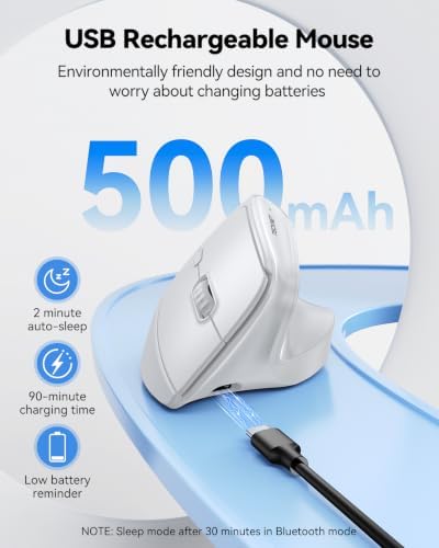 TECKNET Vertical Ergonomic Wireless Bluetooth Mouse, Silent Rechargeable Bluetooth Mouse(BT 5.0/5.0+2.4G), 5-Level 4800 DPI, 200H Long Battery Life, Compatible with Windows/Mac/Linux/Android/Chrome