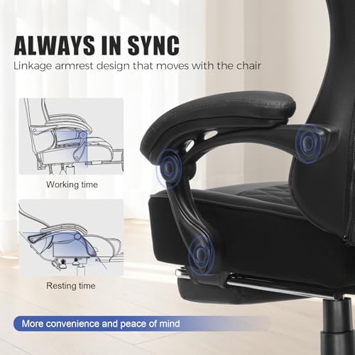 GTPLAYER Big and Tall Gaming Chair with Footrest, Ergonomic Office Desk Chair with 4.4in Thick Cushion and Wide Wingless Seat, Comfortable Leather Computer Chair, Predator Series, Satin Black