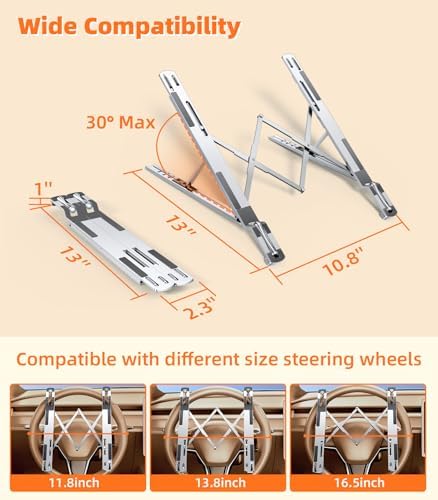 Car Laptop Mount Steering Wheel Tray Holder, Height Adjustable Car Desk for Laptop Computer Tablet, Foldable Portable Lap Laptop Stand for Car Vehicle Workstation Accessories Truck SUV Tesla