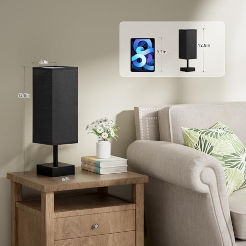 aooshine Small Bedside Table Lamp for Bedroom - Square Black Fabric Shade