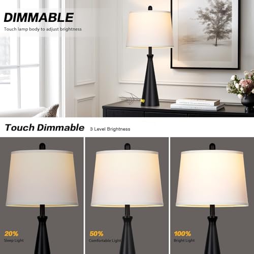 Rinweey 28" Black Table Lamps Set of 2, Touch Control Tall Living Room Lamp with USB A+C Ports,3-Way Dimmable Bedside Lamps for Nightstand,Modern Metal Bedroom Lamp,2 Bulbs Included