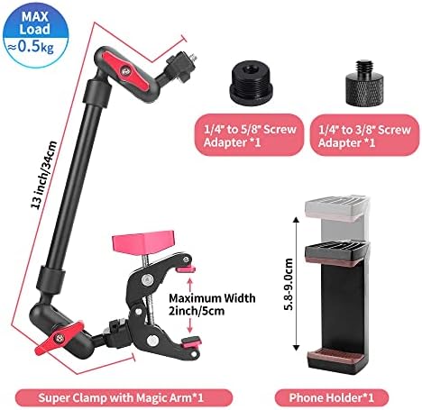 13"/34cm Magic Arm w Clamp, Camera Mount & Clamp w 1/4" 3/8" Threads and Articulating Friction Magic Arm, Overhead Phone Mount, Camera Boom Arm Mount for Light Webcam Mic Action Camera Monitor