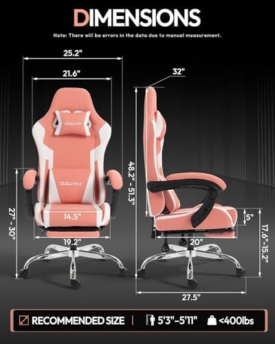 Dowinx Ergonomic Pink Gaming Chair with Footrest & Massage Lumbar, 2D-Linkage Armrests for Cute Aesthetic Esports Chair for Girls, Office, Home and Long Gaming Sessions, Pink