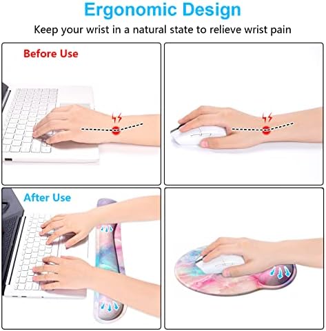 Dapesuom Keyboard Wrist Rest and Mouse Pad with Wrist Support, Cute Memory Foam Cushion for Keyboard and Mouse Set, Desktop Pad Rests with Non Slip Base for Easy Typing & Pain Relief, Colorful Marble