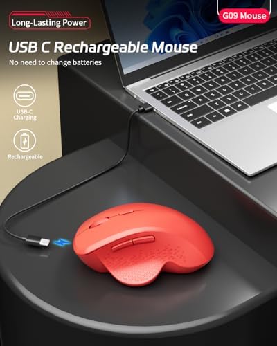 Uiosmuph G09 Bluetooth Wireless Mouse, Rechargeable Ergonomic Mouse - Red