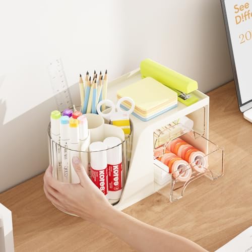 Marbrasse Desk Organizer with 2 Drawer, 360°Rotating Pen Holder, Desk Organizers and Accessories with 6 Slots Pencil Organizer + 2 Drawer, Art Supply Storage Box Caddy for Office (Beige)