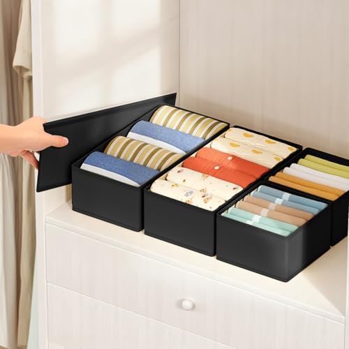 DIMJ Drawer Organizers Clothes, Set of 16 Dresser Organizer Bins, Fabric Closet Organizers and Storage, Shallow Drawer Dividers for Nursery, Clothing, Baby Clothes, Socks, Underwears, Tie (Black)