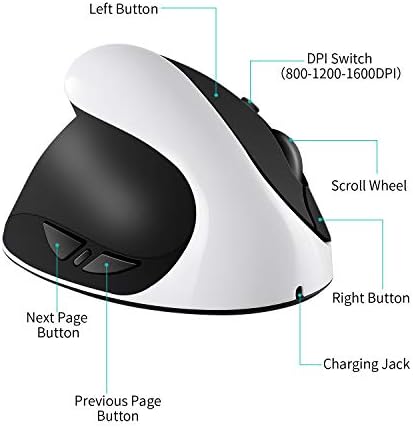 AURTEC Left-Handed Mouse, Rechargeable 2.4G Wireless Ergonomic Vertical Mice with USB Receiver, 6 Buttons and 3 Adjustable DPI 800/1200/1600 for Left Hand, White