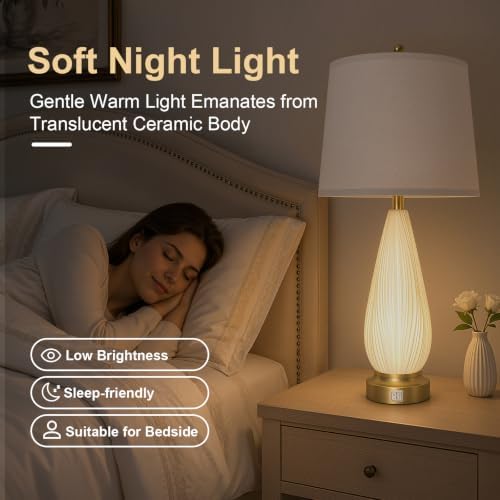 27.5" Translucent Ceramic Table Lamps Set of 2 with Night Light for Bedroom