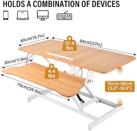37 Inch Standing Desk Converter, Height Adjustable Desktop Standing Desk, Stand Up Riser Compatibles with 2 Computer, Stand Up Converter Laptop Workstation to 18.8" Tall, Black