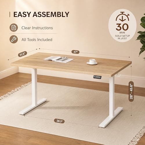 Grandder 47x32 Large Electric Standing Desk, Height Adjustable Computer Desk with 2 Memory Presets, 31.5" Deep Desktop Sit Stand Desk Home Office Desk Workstation Table with Hooks, Maple
