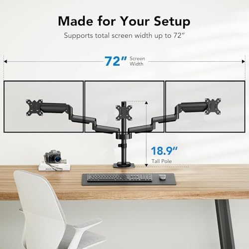 HUANUO Triple Monitor Mount for 13-27 inch Computer Screens, Gaming 3 Monitor Desk Mount with Arm Holds 19.8lbs, Triple Monitors Stand with Tilt, Swivel, Rotation, VESA 75x75, 100x100mm