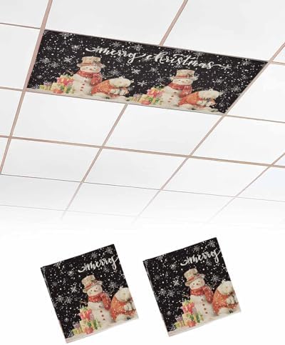 Black Christmas Magnetic Fluorescent Light Covers for Ceiling Lights 2 x 4 Feet,Vintage Snowflakes Snowman Bear Farmhouse Office Classroom Kitchen Drop Ceiling Light Covers Filters Shade Panel 2 Packs