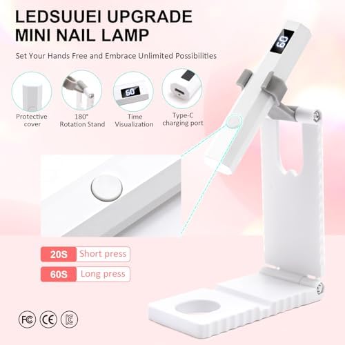 Cordless Mini Nail Lamp 【Skin-Safe Curing】 Portable Handheld UV Light for Gel Nails Rechargeable, Fast Flash Cure LED Nail Dryer for Polish, Nail Strips Salon Home Travel with Stand, White