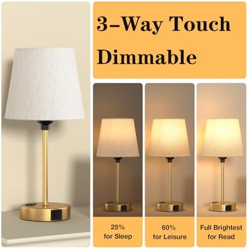 Gold Bedside Lamps Set 2 for Bedroom - Dimmable Touch, USB C+A, AC Outlet