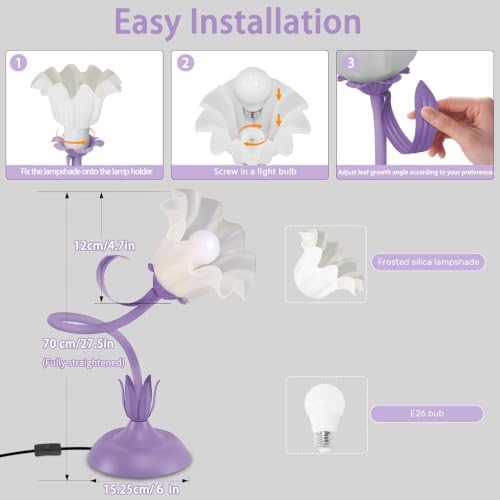 Women Bedside Table Lamps for Bedroom, Cute Flower Desk Lamp with Adjustable Flexible Gooseneck, 3 Color Temperatures Nightstand Lamp with E26 LED Bulbs, Floral Lamp for Living Room, Office,Reading