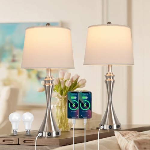 Living Room Deek Lamp Bedroom Table Lamp Set of 2,3 Way Dimmable Led Light Modern Industrial Table Lamps Sand Nickel Metal,USB Type A+C&Outlet, Linen Lampshade,Bulb*2