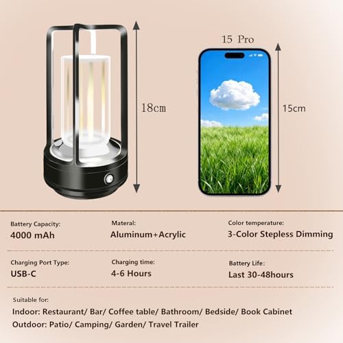 Portable Metal Table Lamp, 4000 mAh Outdoor Table Lights Rechargeable, 3 Color Stepless Dimmable Battery Operated Lamp for Patio, Camping, Bar Samll Desk Lamp for Indoor/ Outdoor (Black)