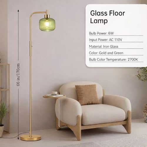 Ruiever Glass Floor Lamp for Living Room, Dimmer Standing Lamp with Green Ribbed Lampshade,66” Tall Lamp & Gold Floor Lamp for Bedroom Study Room,Brushed Gold (Drum Green Glass Shade)