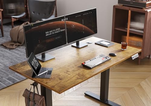 Seang Electric Standing Desk Adjustable Height, 48 x 24 Inch Sit Stand Desk with T-Shaped Frame, 3 Memory Presets & Cable Management for Home Office Computer Workstation, Black Frame/Rustic Brown Top