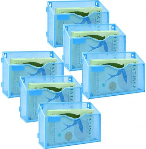 6 Packs 1 Tier A4 Mesh in Tray Hanging Wall File Holder Magazine Document Holder Mail Organiser Magazine Storage Rack,Durable Metal Mesh Filing Storage, Sky Blue