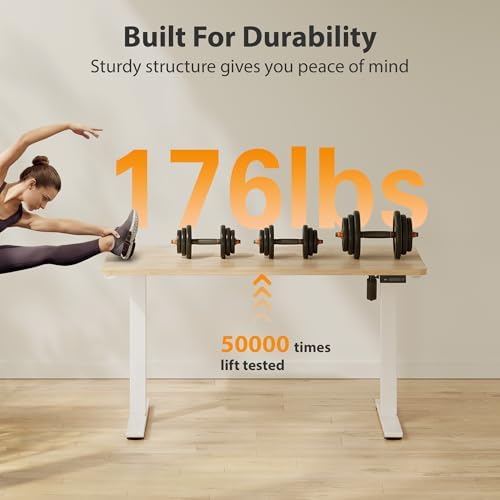 Cubiker Standing Desk, 48x24 Inches Sit Stand Home Office Desk, Electric Stand up Desk, Adjustable Desk with Splice Board, White Frame/Maple Top