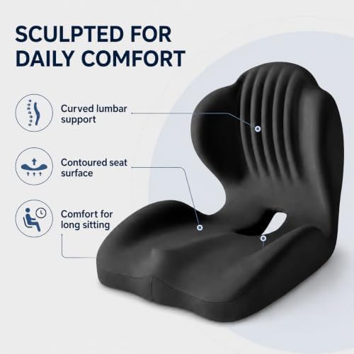 Ergonomic Memory Foam Seat Cushion, L Shaped Lumbar Support Pillow with Tailbone Relief, Orthopedic Chair Pad for Office, Car, Gaming Chair, Travel (Black)