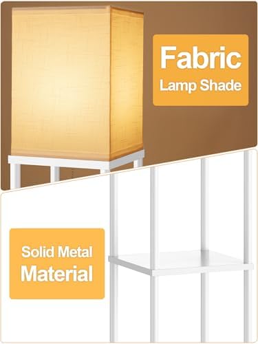 Floor Lamp with Shelves for Living Room White, Shelf Floor Lamp with 3 CCT LED Bulb, Corner Display Standing Column Lamp Etagere Organizer Tower Nightstand with White Linen Shade for Bedroom, Office
