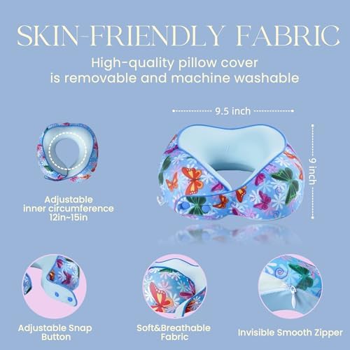 SKYTRAX® Certified Kids Safe Memory Foam Travel Neck Pillows for Kids and Toddlers Cute Cartoon Design, Car Seat & Airplane Head Neck Support, Adjustable Snap Buttons Washable Soft Cover (Butterfly)