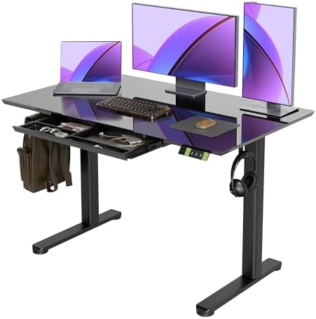 Claiks Glass Standing Desk with Drawers 48x24 Inch Black