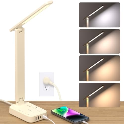 Addtam LED Desk Lamp, Power Strip with 3 Outlets 4 USB Charging Ports(2 USBC), 4 Modes 5 Level Brightness Touch Lamp, Small Desk Lamp for Home Office College Dorm Room Essentials, Cream