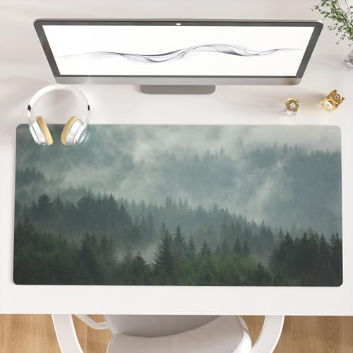 Faux Leather Large Mouse Pad, Office Desk Mat, 31.5"x15.7", Foggy Forest