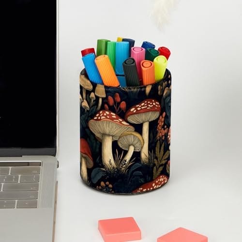 Leather Pen Holder for Desk, Vintage Mushroom Pencil Cup Pen Organizer Makeup Brush Holder for Office Home Kids Countertop Desk Accessory Storage
