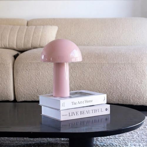 Brightech Celia Table Lamp – 10" Touch-Controlled Mushroom Accent Lamp, Cordless & Dimmable LED, Portable & Rechargeable Bedside Night Light, Sustainable Recycled Modern Patio Lamp, Home Décor – Pink