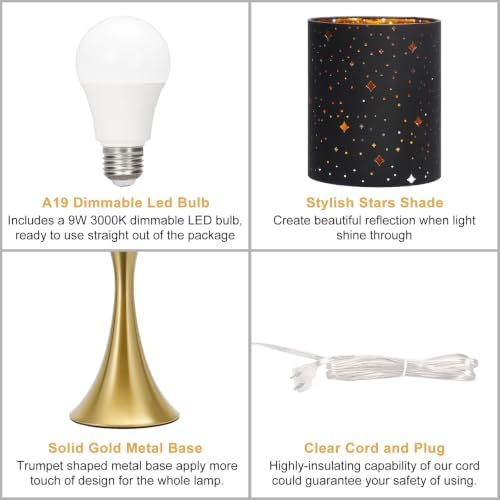 Touch Table Lamp,3 Way Dimmable Gold Bedside Lamp with Black Star Shade