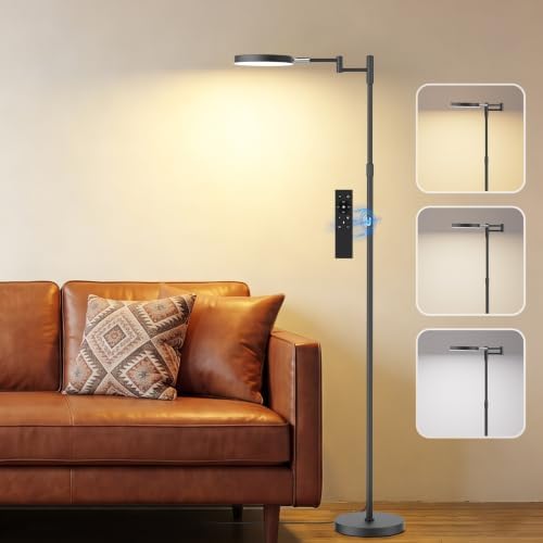 SIBRILLE LED Floor Lamp, 18W Adjustable Height Floor Lamp with Remote Control & 4 Color Temperatures, 350 Degree Swing Arms, Modern Dimmable Standing Lamp for Reading, Sewing and Craft, Black