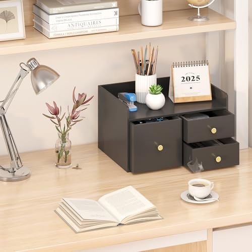 Bamboo Desk Organizer with Drawers,Wooden Desktop Storage (Black,3 Drawers)