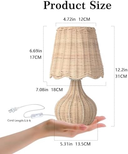 Ziqqeelam Rattan Small Bedside Table Lamp for Bedroom, Boho Mini Table Lamps for Nightstand, Farmhouse Small Table Lamps for Small Spaces for Kitchen Counter, Bookshelf, Bedroom, Kids Dorm