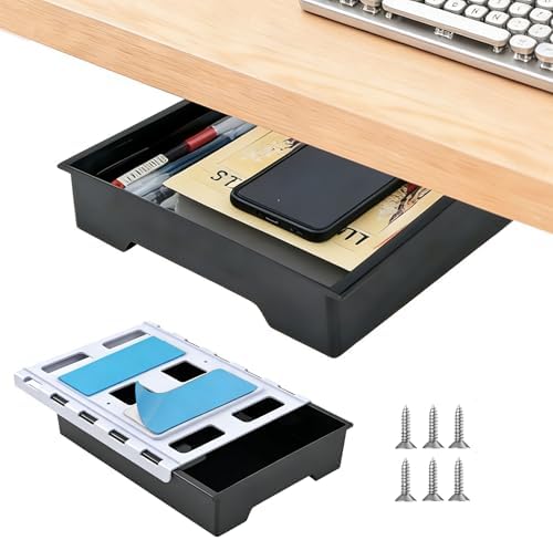 10.91"x 8.23" Under Desk Drawer Storage Organizer, Durable PC Material Self-Adhesive with Slide Out Rail, Hidden Hanging Desk Drawer for Office Supplies, Stationery, No Drilling Install, Black
