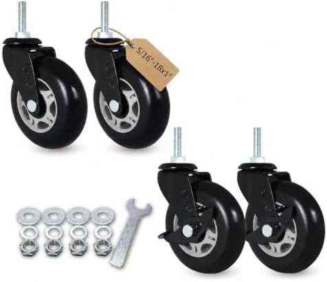 AXL 5/16" UNC x 1" (25mm) Threaded Stem Casters, 3 Inch PU Quiet Inline Swivel Wheels for Office Chairs, Kitchen Carts and Wire Shelving (2 Swivel & 2 Brake)