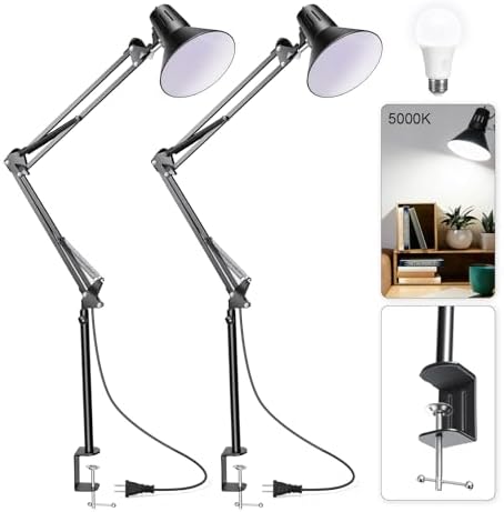 Black Desk Lamp with Clamp, Extra-Tall Adjustable Metal Swing Arm, 2 Pack