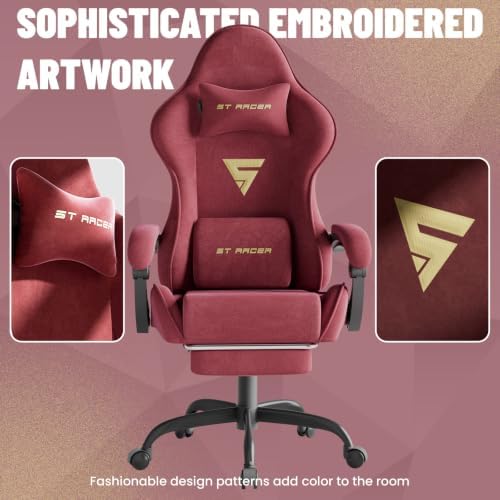 Ferghana Ergonomic Velvet Gaming Chair with Massage, Footrest & Reclining High Back, Racing Style Computer Desk Chair for Adults, Home Office Use, Red