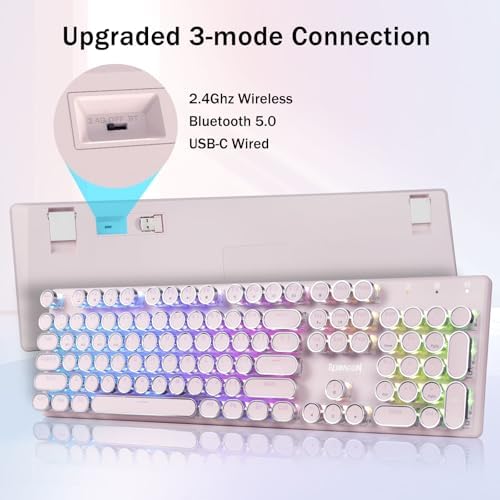 Redragon K710 Wireless Typewriter Mechanical Gaming Keyboard, Pink