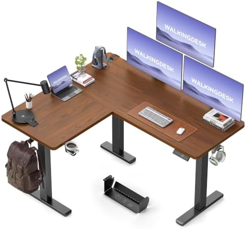 WALKINGDESK 55X45 Inches Reversible L Shaped Standing Desk Height Adjustable with Cup Holder, Electric Corner Computer Desk, Sit Stand up Home Office Desk, Ergonomic Gaming Desk, Black Walnut