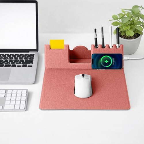 Mouse Pad with Phone Holder & Pen Holders, Wireless Charging Desk Mat, Mousepad Home Office Desk Pad with Ultra-Smooth Surface, Non-Slip Base, Waterproof Keyboard Pad, Classic Pink Desk Mat