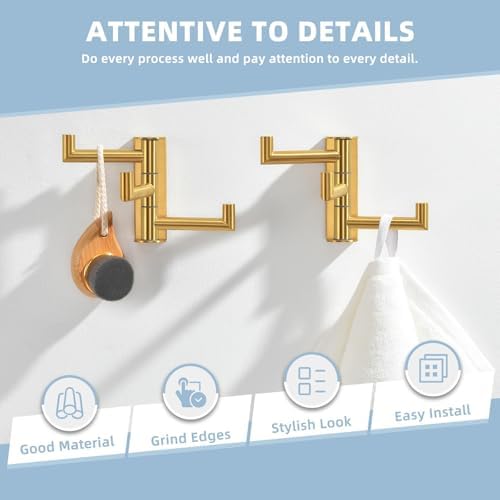 Suyar Brushed Gold Towel Hook, Bathroom Swivel Coat Robe Holder with 3 Arms